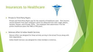 Insurances to Healthcare
 Private & Third Party Payers
Private and Third Party Payers pay for the majority of healthcare costs. Own Insurers
receive benefits from their employers which are deducted from their wages (Mason,
Gardner, Outlaw, and O’Grady, 2016). The employee then determines if he/she
prefers healthcare plans like HMO or PPO plans.
 Veterans Affair & Indian Health Services
Veteran Affair was designed for those actively serving in the Armed Forces along with
their dependents.
Indian Health Services was designed for tribal members in America.
 