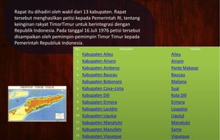 Rapat itu dihadiri oleh wakil dari 13 kabupaten. Rapat
tersebut menghasilkan petisi kepada Pemerintah RI, tentang
keinginan rakyat TimorTimur untuk berintegrasi dengan
Republik Indonesia. Pada tanggal 16 Juli 1976 petisi tersebut
disampaikan oleh pemimpin-pemimpin Timor Timur kepada
Pemerintah Republiuk Indonesia.
Ibukota
No. Kabupaten
1
2
3
4
5
6
7
8
9
10
11
12
13
Kabupaten Aileu
Kabupaten Ainaro
Kabupaten Ambeno
Kabupaten Baucau
Kabupaten Bobonaro
Kabupaten Cova–Lima
Kabupaten Dili
Kabupaten Ermera
Kabupaten Lautém
Kabupaten Liquiça
Kabupaten Manatuto
Kabupaten Manufahi
Kabupaten Viqueque
Aileu
Ainaro
Pante Makasar
Baucau
Maliana
Suai
Kota Dili
Ermera
Lospalos
Liquiçá
Manatuto
Same
Viqueque
 