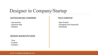 Designer in Company/Startup
OUTSOURCING COMPANY TECH STARTUP
Email: hungdqdesign@gmail.com
- Low position
- Japanese style
- Deadline
DESIGN AGENCY/STUDIO
- Time
- Creative
- Freedom
- Own Product
- Changing more frequently
- Workloads
 