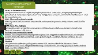 Macam Macam Jaringan
Komputer
LAN (Local Area Network)
Jaringan ini memiliki lokasi jangkauan yang hanya 100 meter. Disebut juga jaringan yang khas dengan
perusahaan, di mana di dalam perusahaan yang menggunakan jaringan LAN memanfaatkan fasilitas ini untuk
berbagi data rahasia.
MAN (Metropolitan Area Network)
MAN digunakan oleh perusahaan yang memiliki beberapa cabang namun cabang tersebut masih di dalam
satu kota.
WAN (Wide Area Network)
Jaringan WAN yakni jaringan komputer yang memiliki jangkauan antarbenua, dengan melewati batas
geografis negara dan milik umum.
Internet (Interconnected Network)
Internet yaitu jaringan komputer yang memiliki jangkauan hingga seluruh pelosok di dunia ini. Seringkali
dimanfaatkan untuk berbagi informasi secara global meliputi pendidikan, hiburan, teknologi, dan lain
sebagainya.
Wireless
Jaringan ini merupakan yang paling praktis karena tidak membutuhkan kabel. Di mana di dalam
pengoperasiannya hanya mengandalkan teknologi radio (frekuensi). Disebut juga jaringan WLAN (Wireless
Local Area Network) atau Wi-Fi.
 
