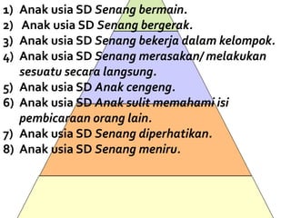 1) Anak usia SD Senang bermain.
2) Anak usia SD Senang bergerak.
3) Anak usia SD Senang bekerja dalam kelompok.
4) Anak usia SD Senang merasakan/ melakukan
sesuatu secara langsung.
5) Anak usia SD Anak cengeng.
6) Anak usia SD Anak sulit memahami isi
pembicaraan orang lain.
7) Anak usia SD Senang diperhatikan.
8) Anak usia SD Senang meniru.
 