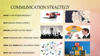 COMMUNICATION STRAGTEGY
WHAT IS YOUR MAIN MESSAGE ?
WHY SHOULD PEOPLE LISTEN ?
WHOSE SUPPORT DO YOU NEED ?
WHAT MESSAGES WILL PERSUADE THEM ?
HOW AND WHEN WILL YOU REACH THEM ?
WHO ARE YOUR BEST MESSENGERS ?
 