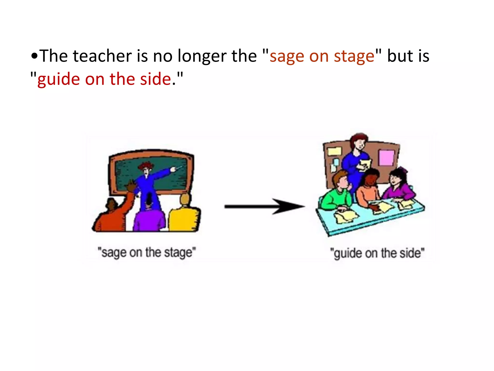 •The teacher is no longer the "sage on stage" but is
"guide on the side."
 