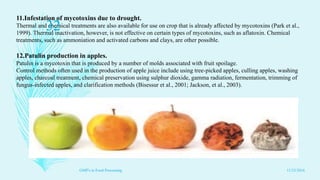 11.Infestation of mycotoxins due to drought.
Thermal and chemical treatments are also available for use on crop that is already affected by mycotoxins (Park et al.,
1999). Thermal inactivation, however, is not effective on certain types of mycotoxins, such as aflatoxin. Chemical
treatments, such as ammoniation and activated carbons and clays, are other possible.
12.Patulin production in apples.
Patulin is a mycotoxin that is produced by a number of molds associated with fruit spoilage.
Control methods often used in the production of apple juice include using tree-picked apples, culling apples, washing
apples, charcoal treatment, chemical preservation using sulphur dioxide, gamma radiation, fermentation, trimming of
fungus-infected apples, and clarification methods (Bisessur et al., 2001; Jackson, et al., 2003).
11/23/2016
32
GMP's in Food Processing
 