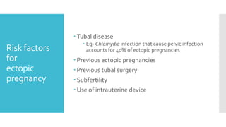 Risk factors
for
ectopic
pregnancy
 Tubal disease
 Eg- Chlamydia infection that cause pelvic infection
accounts for 40% of ectopic pregnancies
 Previous ectopic pregnancies
 Previous tubal surgery
 Subfertility
 Use of intrauterine device
 