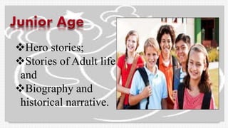 Hero stories;
Stories of Adult life
and
Biography and
historical narrative.
 