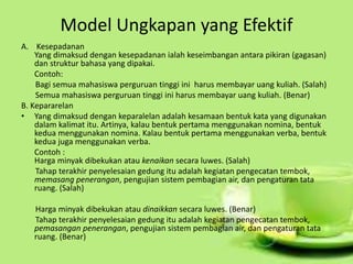 Model Ungkapan yang Efektif
A. Kesepadanan
Yang dimaksud dengan kesepadanan ialah keseimbangan antara pikiran (gagasan)
dan struktur bahasa yang dipakai.
Contoh:
Bagi semua mahasiswa perguruan tinggi ini harus membayar uang kuliah. (Salah)
Semua mahasiswa perguruan tinggi ini harus membayar uang kuliah. (Benar)
B. Kepararelan
• Yang dimaksud dengan keparalelan adalah kesamaan bentuk kata yang digunakan
dalam kalimat itu. Artinya, kalau bentuk pertama menggunakan nomina, bentuk
kedua menggunakan nomina. Kalau bentuk pertama menggunakan verba, bentuk
kedua juga menggunakan verba.
Contoh :
Harga minyak dibekukan atau kenaikan secara luwes. (Salah)
Tahap terakhir penyelesaian gedung itu adalah kegiatan pengecatan tembok,
memasang penerangan, pengujian sistem pembagian air, dan pengaturan tata
ruang. (Salah)
Harga minyak dibekukan atau dinaikkan secara luwes. (Benar)
Tahap terakhir penyelesaian gedung itu adalah kegiatan pengecatan tembok,
pemasangan penerangan, pengujian sistem pembagian air, dan pengaturan tata
ruang. (Benar)
 