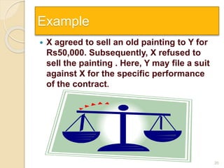 Example
 X agreed to sell an old painting to Y for
Rs50,000. Subsequently, X refused to
sell the painting . Here, Y may file a suit
against X for the specific performance
of the contract.
20
 