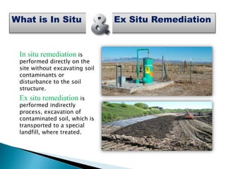 What is In Situ Ex Situ Remediation
In situ remediation is
performed directly on the
site without excavating soil
contaminants or
disturbance to the soil
structure.
Ex situ remediation is
performed indirectly
process, excavation of
contaminated soil, which is
transported to a special
landfill, where treated.
 