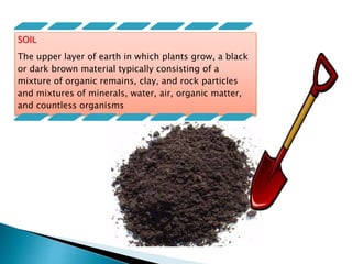 SOIL
The upper layer of earth in which plants grow, a black
or dark brown material typically consisting of a
mixture of organic remains, clay, and rock particles
and mixtures of minerals, water, air, organic matter,
and countless organisms
 