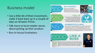 Business	
  model
• Use	
  a	
  little	
  bit	
  of	
  their	
  investment,	
  
make	
  it	
  back	
  back	
  up	
  in	
  a	
  couple	
  of	
  
days	
  on	
  Amazon	
  Prime.	
  
• Talk	
  more	
  to	
  local	
  retailor	
  stores	
  
about	
  picking	
  up	
  their	
  product
• Run	
  in-­‐house	
  fundraisers
 