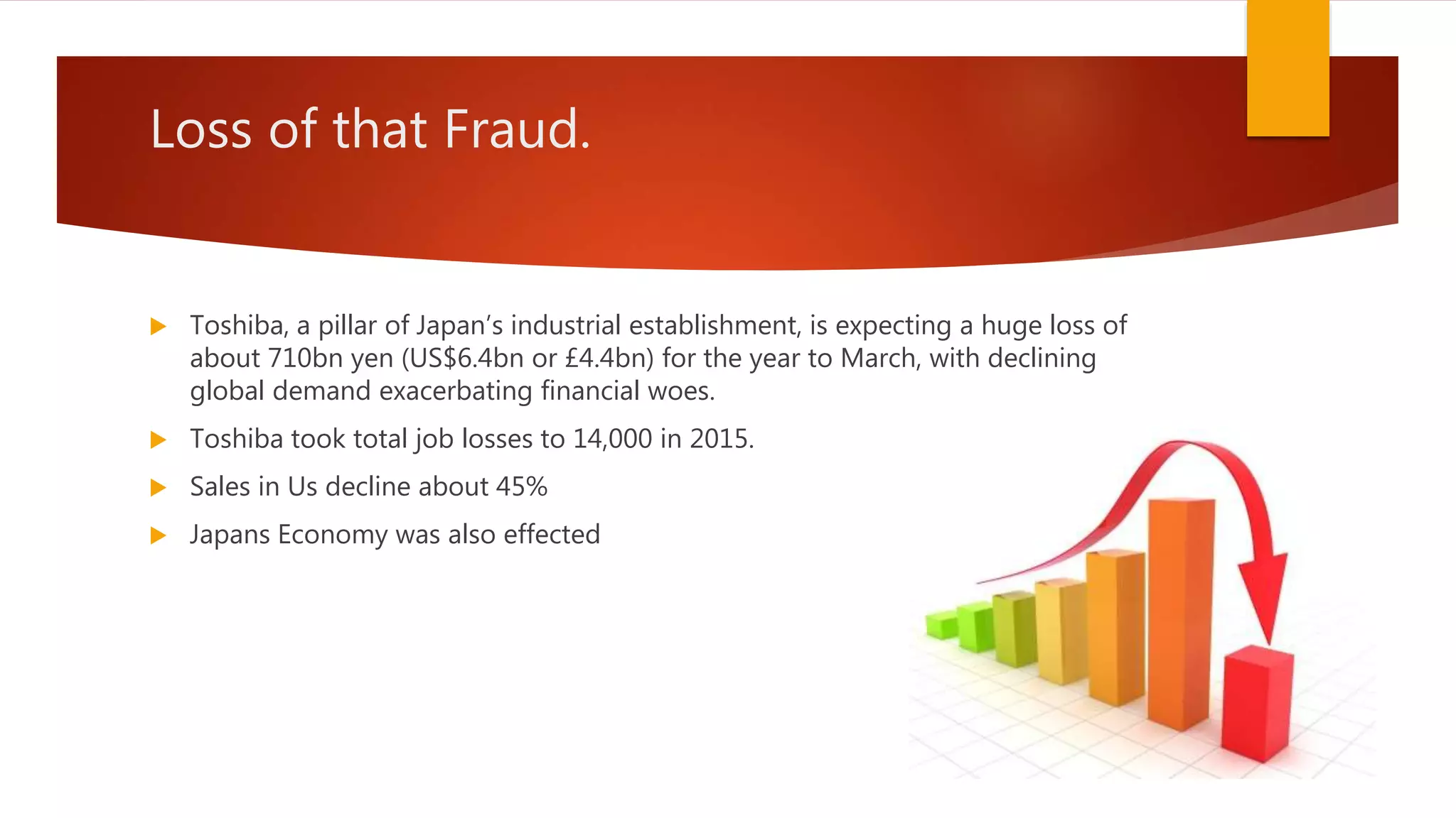 Loss of that Fraud.
 Toshiba, a pillar of Japan’s industrial establishment, is expecting a huge loss of
about 710bn yen (US$6.4bn or £4.4bn) for the year to March, with declining
global demand exacerbating financial woes.
 Toshiba took total job losses to 14,000 in 2015.
 Sales in Us decline about 45%
 Japans Economy was also effected
 
