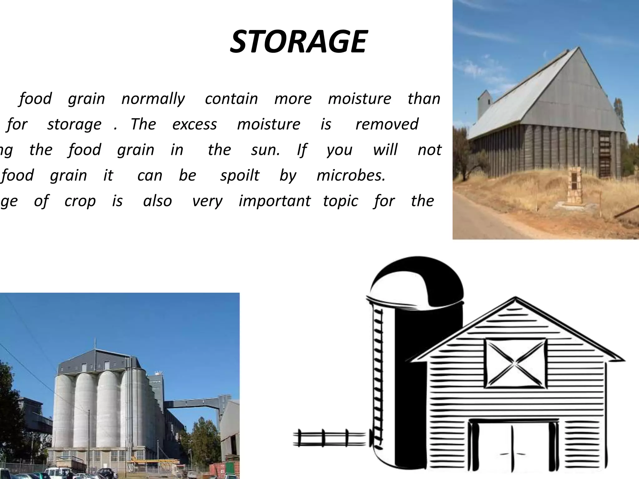 STORAGE
food grain normally contain more moisture than
for storage . The excess moisture is removed
ng the food grain in the sun. If you will not
food grain it can be spoilt by microbes.
age of crop is also very important topic for the
 