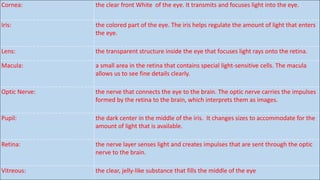 Cornea: the clear front White of the eye. It transmits and focuses light into the eye.
Iris: the colored part of the eye. The iris helps regulate the amount of light that enters
the eye.
Lens: the transparent structure inside the eye that focuses light rays onto the retina.
Macula: a small area in the retina that contains special light-sensitive cells. The macula
allows us to see fine details clearly.
Optic Nerve: the nerve that connects the eye to the brain. The optic nerve carries the impulses
formed by the retina to the brain, which interprets them as images.
Pupil: the dark center in the middle of the iris. It changes sizes to accommodate for the
amount of light that is available.
Retina: the nerve layer senses light and creates impulses that are sent through the optic
nerve to the brain.
Vitreous: the clear, jelly-like substance that fills the middle of the eye
 