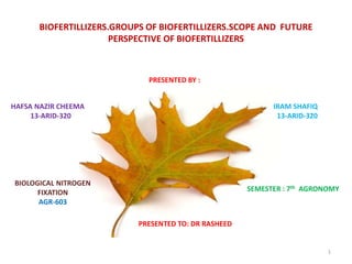 BIOFERTILLIZERS.GROUPS OF BIOFERTILLIZERS.SCOPE AND FUTURE
PERSPECTIVE OF BIOFERTILLIZERS
IRAM SHAFIQ
13-ARID-320
SEMESTER : 7th AGRONOMY
BIOLOGICAL NITROGEN
FIXATION
AGR-603
HAFSA NAZIR CHEEMA
13-ARID-320
PRESENTED BY :
PRESENTED TO: DR RASHEED
1
 