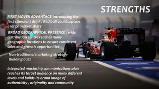 STRENGTHS
FIRST MOVER ADVANTAGE-Introducing the
first stimulant drink , Red bull could capture
a large market share.
BROAD GEOGRAPHICAL PRESENCE . wide
distribution centre reaches many
geographic locations to ensure consistent
sales and growth opportunities
Integrated marketing communications plan
reaches its target audience on many different
levels and builds its brand image of
authenticity , originality and community
Non-traditional marketing strategy-
Building buzz
 