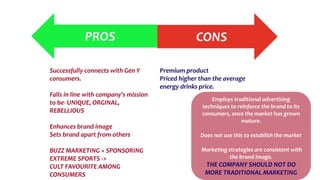 CONSPROS
Successfully connects with Gen Y
consumers.
Falls in line with company’s mission
to be- UNIQUE, ORGINAL,
REBELLIOUS
Enhances brand image
Sets brand apart from others
BUZZ MARKETING + SPONSORING
EXTREME SPORTS ->
CULT FAVOURITE AMONG
CONSUMERS
Premium product
Priced higher than the average
energy drinks price.
Employs traditional advertising
techniques to reinforce the brand to its
consumers, once the market has grown
mature.
Does not use this to establish the market
Marketing strategies are consistent with
the brand image.
THE COMPANY SHOULD NOT DO
MORE TRADITIONAL MARKETING
 