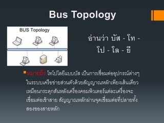 หมายถึง โทโปโลยีแบบบัส เป็นการเชื่อมต่ออุปกรณ์ต่างๆ
ในระบบ๶ครือข่ายส่วนตัวด้วยสัญญาณหลักเพียงเส้นเดียว
เหมือนกระดุกสันหลังเครื่องคอมพิว๶ตอร์แต่ละเครื่องจะ
เชื่อมต่อเข้าสาย สัญญาณหลักผ่านจุดเชื่อมต่อที่ปลายทั้ง
สองของสายหลัก
 