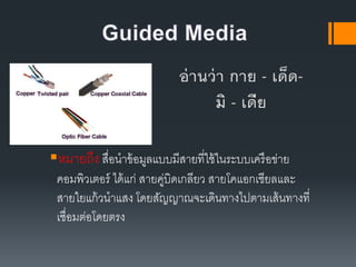 หมายถึง สื่อนาข้อมูลแบบมีสายที่ใช้ในระบบ๶ครือข่าย
คอมพิว๶ตอร์ ได้แก่ สายคู่บิดเกลียว สายโคแอกเชียลและ
สายใยแก้วนาแสง โดยสัญญาณจะเดินทางไปตามเส้นทางที่
เชื่อมต่อโดยตรง
 