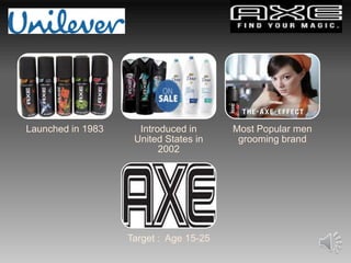 Launched in 1983 Introduced in
United States in
2002
Most Popular men
grooming brand
Target : Age 15-25
 