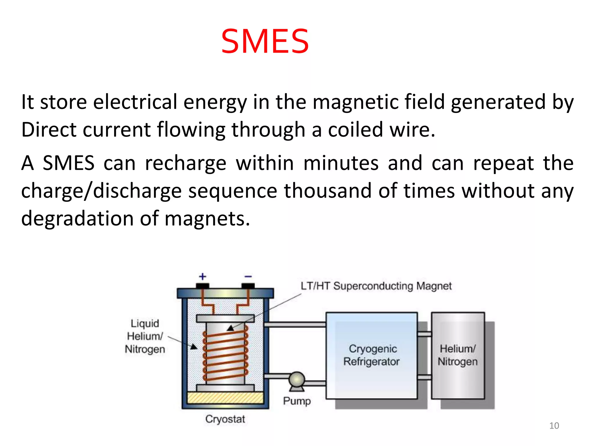 SMES
It store electrical energy in the magnetic field generated by
Direct current flowing through a coiled wire.
A SMES can recharge within minutes and can repeat the
charge/discharge sequence thousand of times without any
degradation of magnets.
10
 