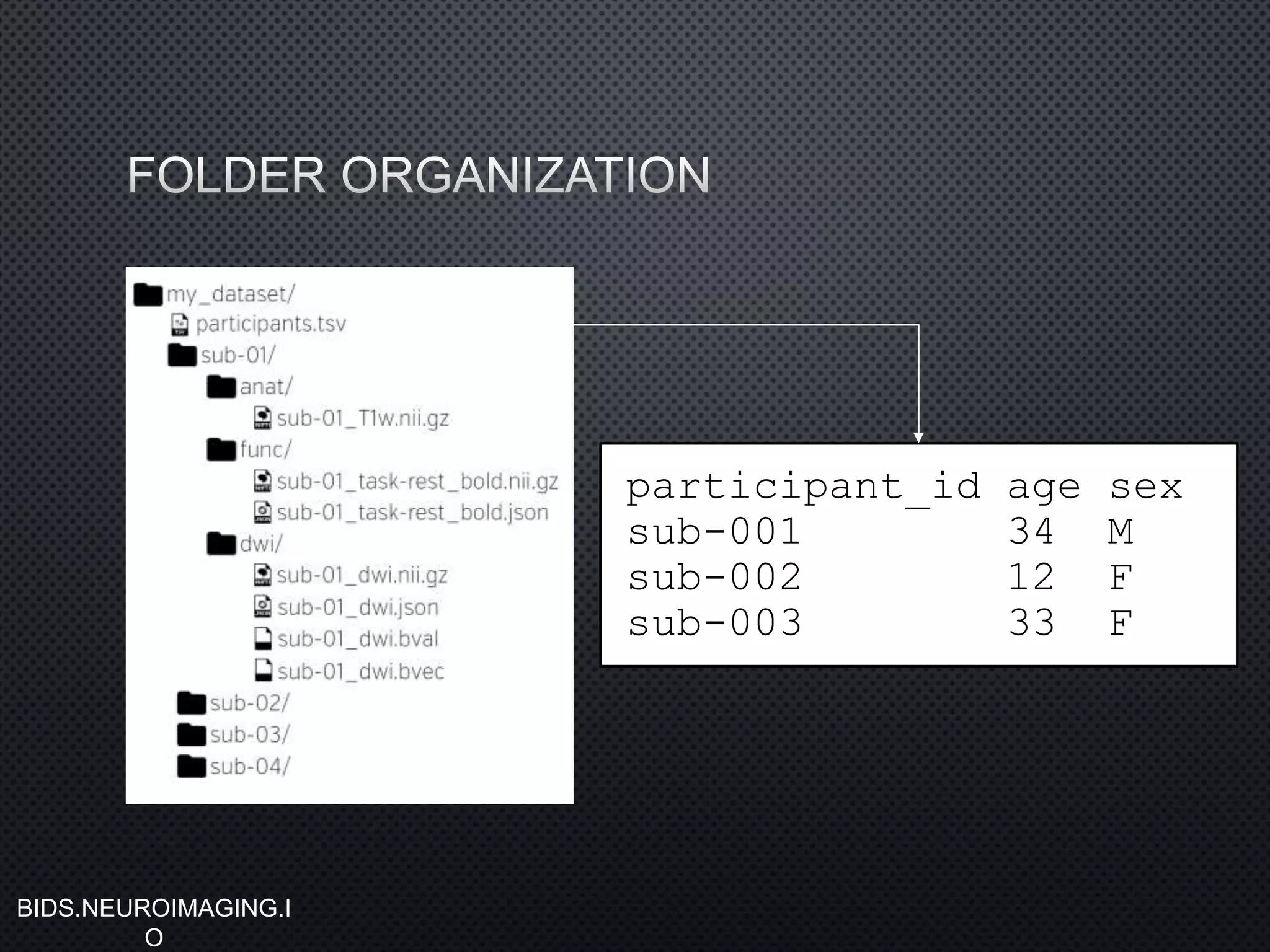 participant_id age sex
sub-001 34 M
sub-002 12 F
sub-003 33 F
BIDS.NEUROIMAGING.I
O
 