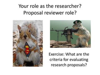 Your role as the researcher?
Proposal reviewer role?
Exercise: What are the
criteria for evaluating
research proposals?
 