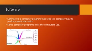 Software
• Software is a computer program that tells the computer how to
perform particular tasks.
• Some computer programs exist the computers use.
 