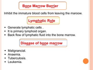 Bone Marrow Barrier
Inhibit the immature blood cells from leaving the maroow.
Lymphatic Role
 Generate lymphatic cells .
 It is primary lymphoid organ.
 Back flow of lymphatic fluid into the bone marrow.
Disease of bone marrow
 Malignancial.
 Anaemia.
 Tuberculosis.
 Leukemia.
 