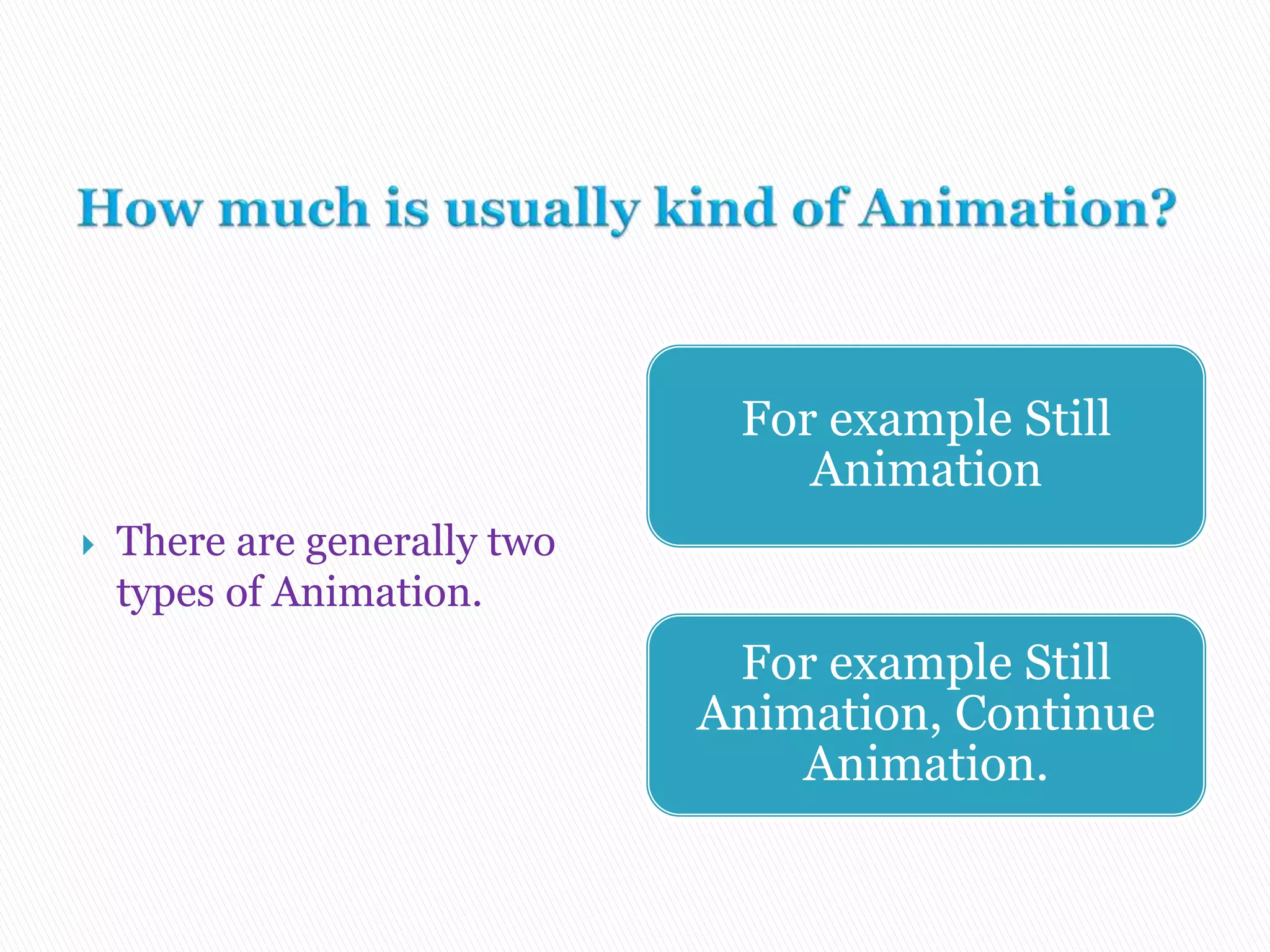  There are generally two
types of Animation.
For example Still
Animation
For example Still
Animation, Continue
Animation.