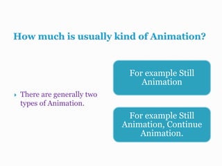  There are generally two
types of Animation.
For example Still
Animation
For example Still
Animation, Continue
Animation.
 