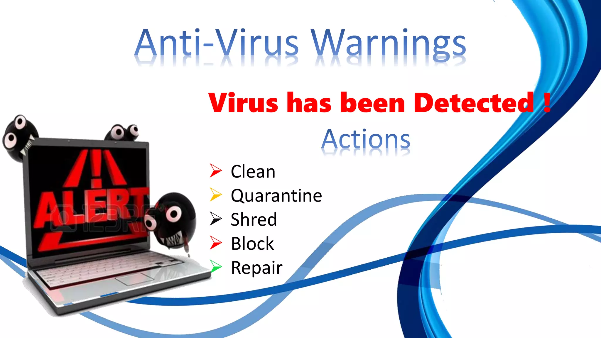 Virus has been Detected !
 Clean
 Quarantine
 Shred
 Block
 Repair
 