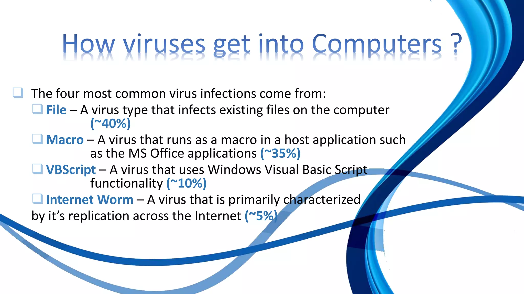  The four most common virus infections come from:
File – A virus type that infects existing files on the computer
(~40%)
Macro – A virus that runs as a macro in a host application such
as the MS Office applications (~35%)
VBScript – A virus that uses Windows Visual Basic Script
functionality (~10%)
Internet Worm – A virus that is primarily characterized
by it’s replication across the Internet (~5%)
 