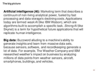 • Artificial intelligence (AI): Marketing term that describes a
continuum of non-living analytical power, fueled by fast
p...