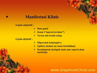  Manifestasi Klinis
Gejala subjektif :
 Rasa gatal
 Kasar (“ngeres/tercakar”)
 Terasa ada benda asing.
Gejala objektif :
 Hiperemia konjungtiva
 Epifora (keluar air mata berlebihan)
 Pseudoptosis (kelopak mata atas seperti akan
menutup)
 