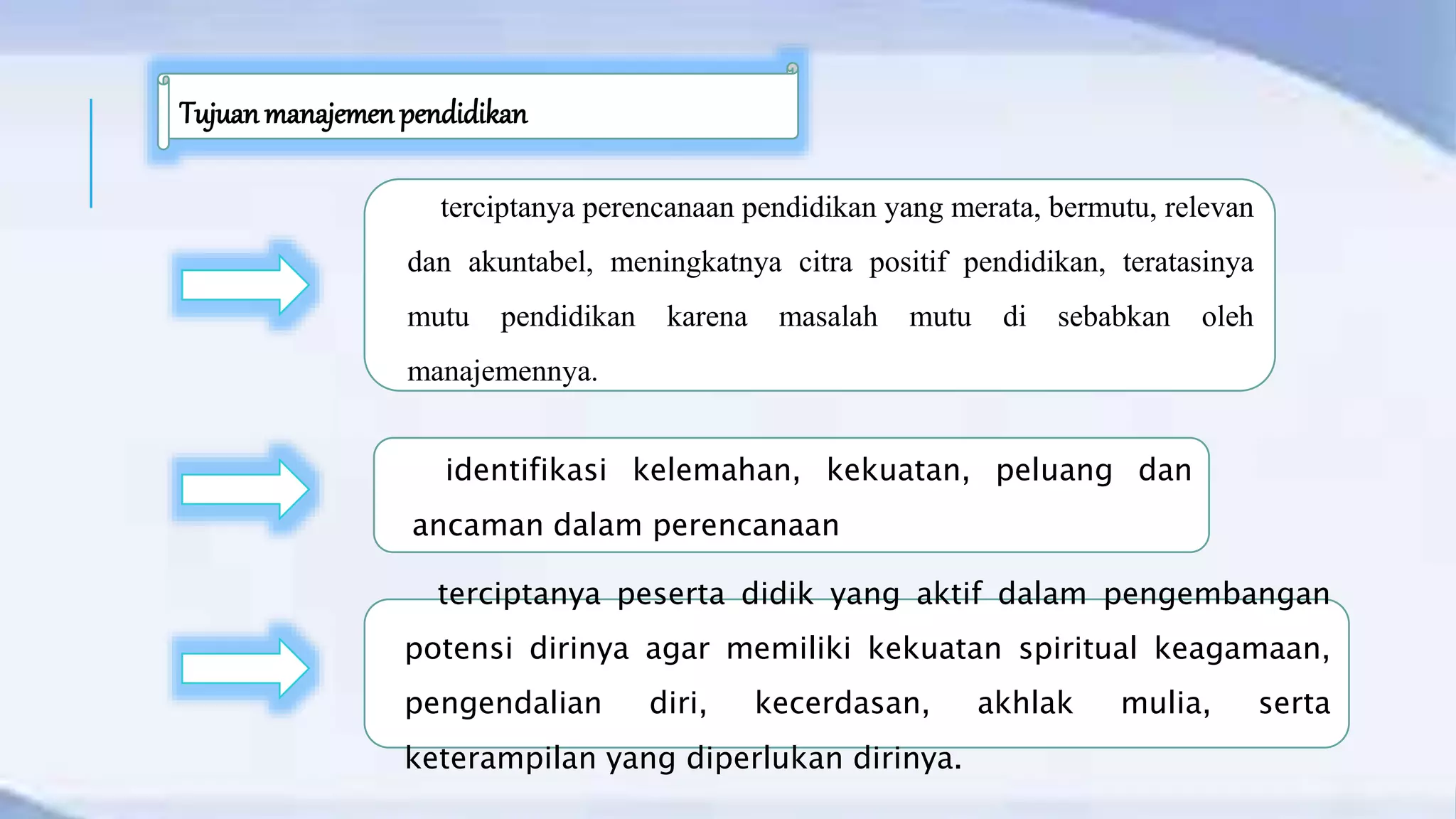 terciptanya perencanaan pendidikan yang merata, bermutu, relevan
dan akuntabel, meningkatnya citra positif pendidikan, teratasinya
mutu pendidikan karena masalah mutu di sebabkan oleh
manajemennya.
identifikasi kelemahan, kekuatan, peluang dan
ancaman dalam perencanaan
terciptanya peserta didik yang aktif dalam pengembangan
potensi dirinya agar memiliki kekuatan spiritual keagamaan,
pengendalian diri, kecerdasan, akhlak mulia, serta
keterampilan yang diperlukan dirinya.
Tujuan manajemenpendidikan
 
