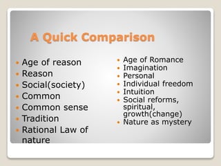 A Quick Comparison
 Age of reason
 Reason
 Social(society)
 Common
 Common sense
 Tradition
 Rational Law of
nature
 Age of Romance
 Imagination
 Personal
 Individual freedom
 Intuition
 Social reforms,
spiritual,
growth(change)
 Nature as mystery
 