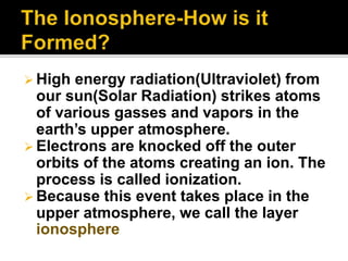 High energy radiation(Ultraviolet) from
our sun(Solar Radiation) strikes atoms
of various gasses and vapors in the
earth’s upper atmosphere.
 Electrons are knocked off the outer
orbits of the atoms creating an ion. The
process is called ionization.
 Because this event takes place in the
upper atmosphere, we call the layer
ionosphere
 
