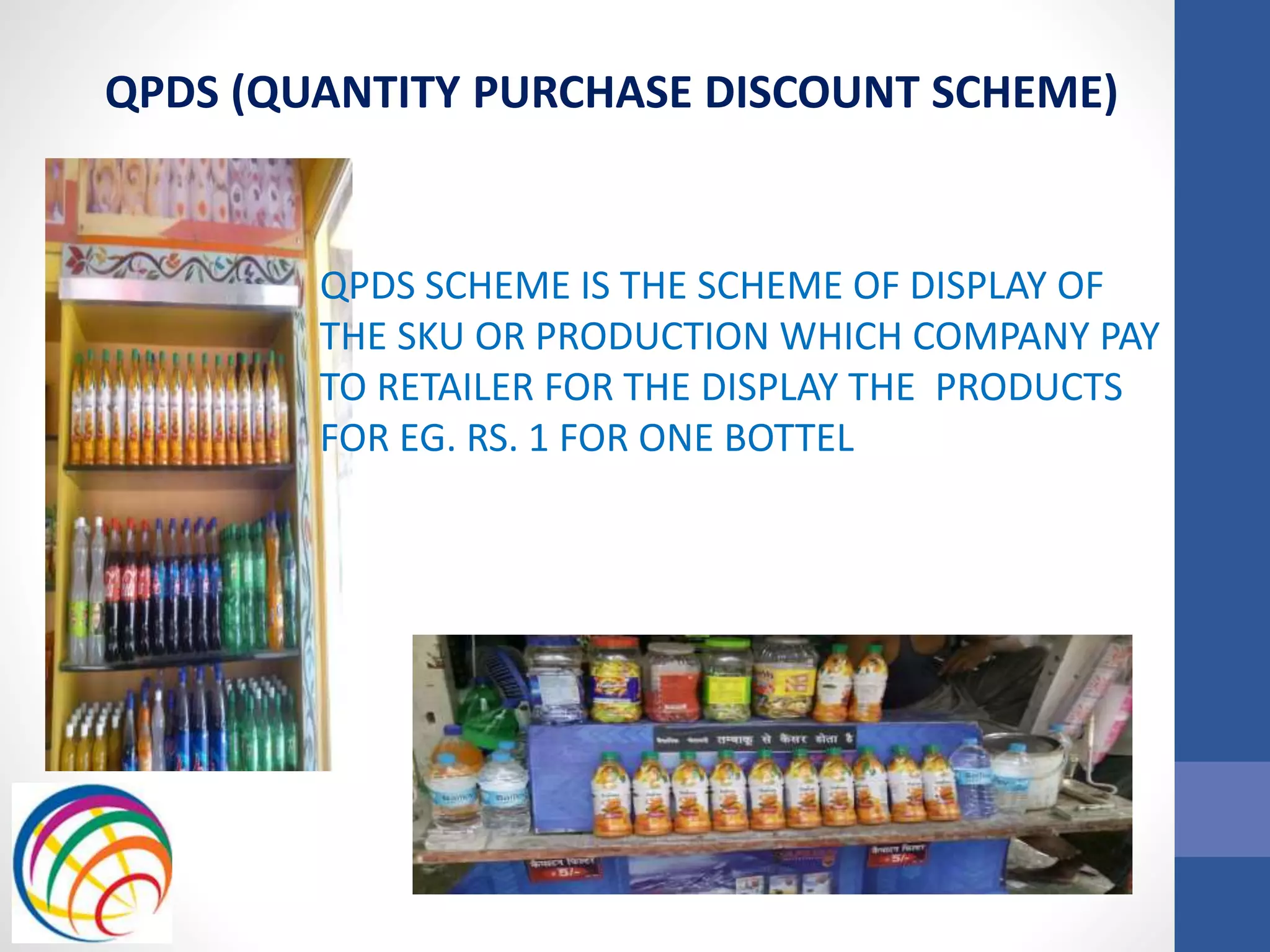 QPDS (QUANTITY PURCHASE DISCOUNT SCHEME)
QPDS SCHEME IS THE SCHEME OF DISPLAY OF
THE SKU OR PRODUCTION WHICH COMPANY PAY
TO RETAILER FOR THE DISPLAY THE PRODUCTS
FOR EG. RS. 1 FOR ONE BOTTEL
 