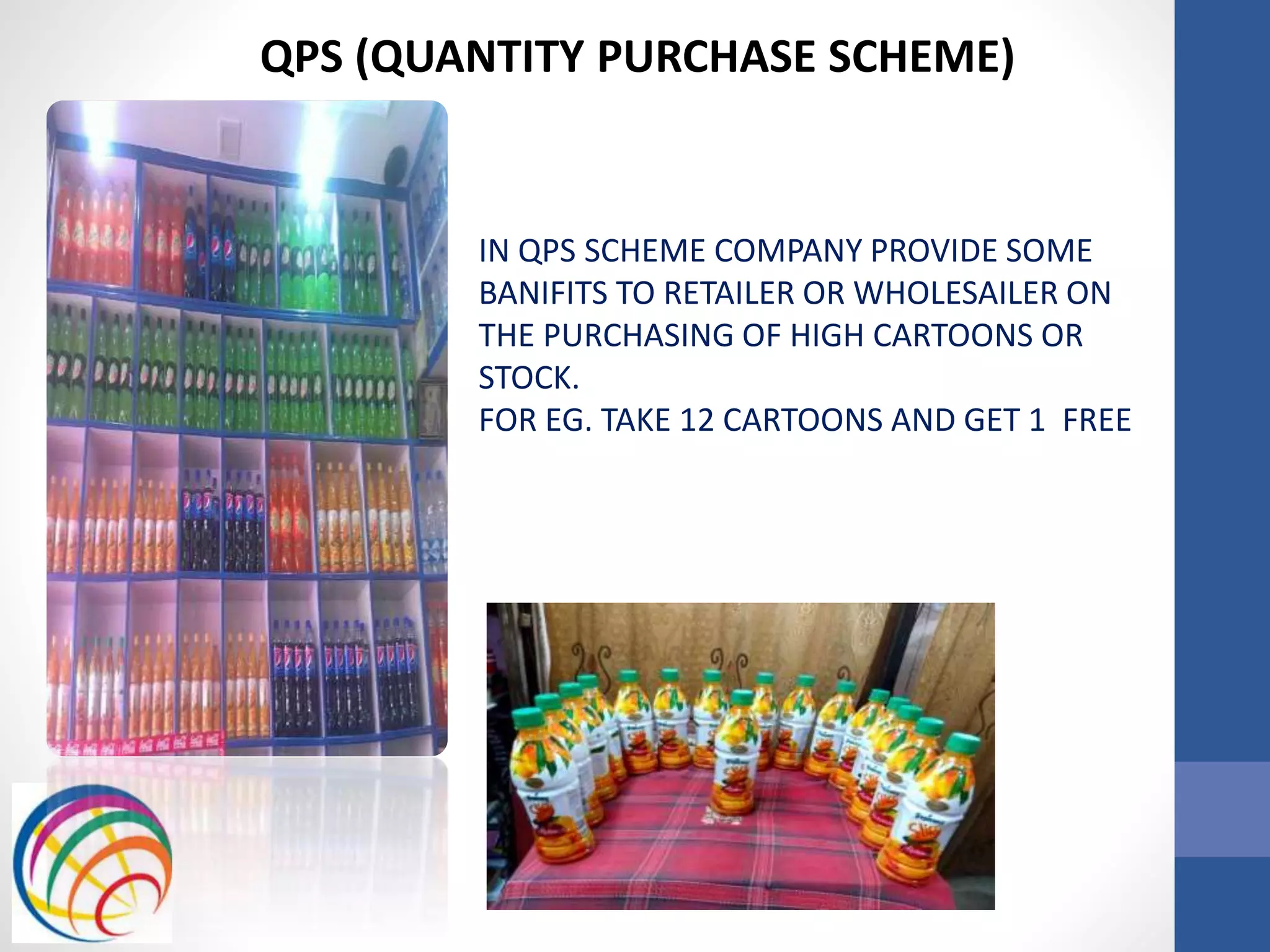 QPS (QUANTITY PURCHASE SCHEME)
IN QPS SCHEME COMPANY PROVIDE SOME
BANIFITS TO RETAILER OR WHOLESAILER ON
THE PURCHASING OF HIGH CARTOONS OR
STOCK.
FOR EG. TAKE 12 CARTOONS AND GET 1 FREE
 