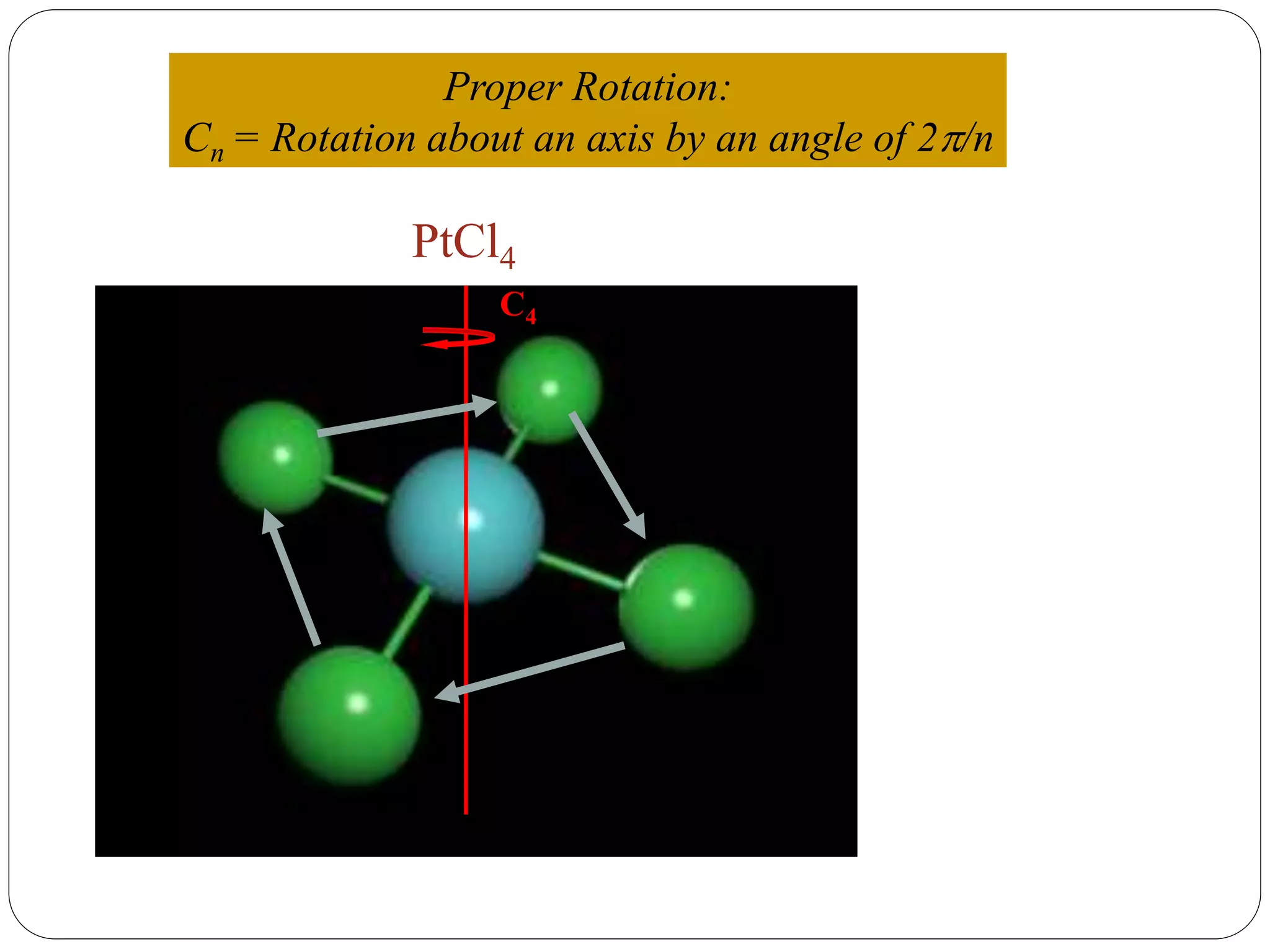 PtCl4
Proper Rotation:
Cn = Rotation about an axis by an angle of 2/n
C4
 
