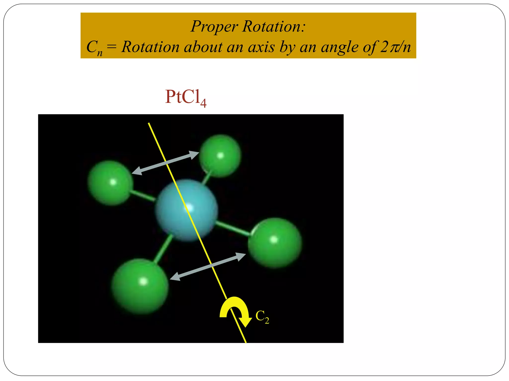 C2
PtCl4
Proper Rotation:
Cn = Rotation about an axis by an angle of 2/n
 