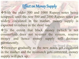 Effect on Money Supply
With the older 500 and 1000 Rupees notes being
scrapped, until the new 500 and 2000 Rupees notes get
widely circulated in the market, money supply is
expected to reduce in the short run.
To the extent that black money (which is not
counterfeit) does not re-enter the system, reserve
money and hence money supply will decrease
permanently.
However gradually as the new notes get circulated
in the market and the mismatch gets corrected, money
supply will pick up.
 