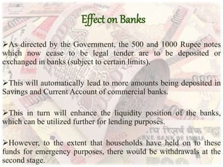 Effect on Banks
As directed by the Government, the 500 and 1000 Rupee notes
which now cease to be legal tender are to be deposited or
exchanged in banks (subject to certain limits).
This will automatically lead to more amounts being deposited in
Savings and Current Account of commercial banks.
This in turn will enhance the liquidity position of the banks,
which can be utilized further for lending purposes.
However, to the extent that households have held on to these
funds for emergency purposes, there would be withdrawals at the
second stage.
 