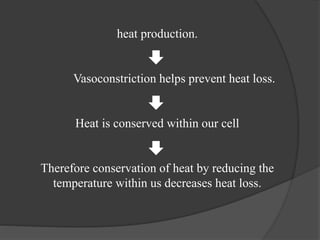heat production.
Vasoconstriction helps prevent heat loss.
Heat is conserved within our cell
Therefore conservation of heat by reducing the
temperature within us decreases heat loss.
 