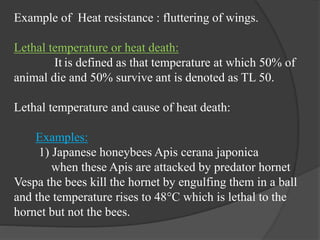 Example of Heat resistance : fluttering of wings.
Lethal temperature or heat death:
It is defined as that temperature at which 50% of
animal die and 50% survive ant is denoted as TL 50.
Lethal temperature and cause of heat death:
Examples:
1) Japanese honeybees Apis cerana japonica
when these Apis are attacked by predator hornet
Vespa the bees kill the hornet by engulfing them in a ball
and the temperature rises to 48°C which is lethal to the
hornet but not the bees.
 