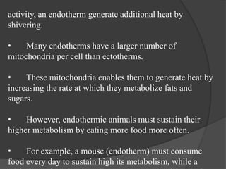activity, an endotherm generate additional heat by
shivering.
• Many endotherms have a larger number of
mitochondria per cell than ectotherms.
• These mitochondria enables them to generate heat by
increasing the rate at which they metabolize fats and
sugars.
• However, endothermic animals must sustain their
higher metabolism by eating more food more often.
• For example, a mouse (endotherm) must consume
food every day to sustain high its metabolism, while a
 