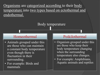 Organisms are categorized according to their body
temperature into two types based on ectothermal and
endothermal.
Body temperature
Homeothermal
• Animals grouped under this
are those who can maintain
a constant body temperature
even though there is
fluctuation in their
surrounding.
• For example: Birds and
mammals
Poikilothermal
• Organism grouped under this
are those who keep their
body temperature changing
when the surrounding
temperature also changes.
• For example: Amphibians,
Aquatic animals and reptiles
 