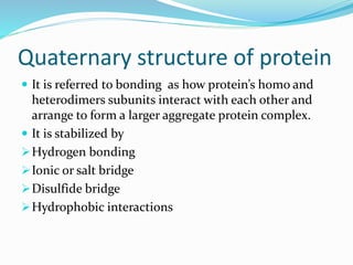 Quaternary structure of protein
 It is referred to bonding as how protein’s homo and
heterodimers subunits interact with each other and
arrange to form a larger aggregate protein complex.
 It is stabilized by
Hydrogen bonding
Ionic or salt bridge
Disulfide bridge
Hydrophobic interactions
 