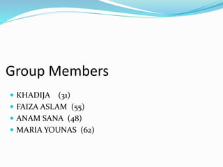 Group Members
 KHADIJA (31)
 FAIZA ASLAM (55)
 ANAM SANA (48)
 MARIA YOUNAS (62)
 